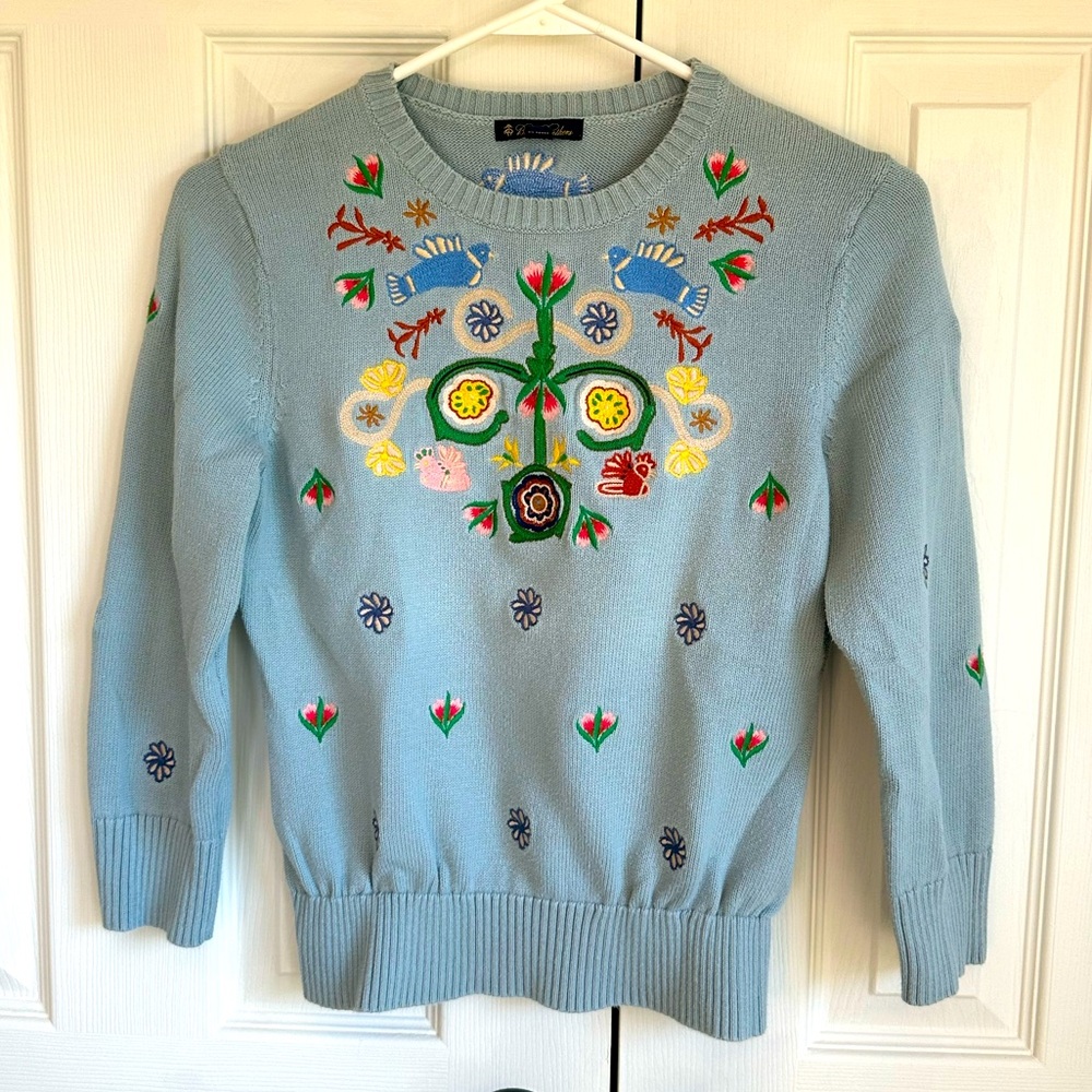 Brooks Brothers Women’s Sweater Small Embroidered Birds Flowers Boho Preppy